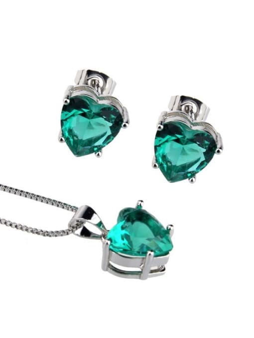 Platinum plated green Brass Heart  Cubic Zirconia Earring and Necklace Set