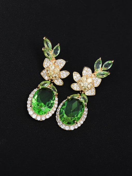 OUOU Brass Cubic Zirconia Green Flower Vintage Stud Earring 3