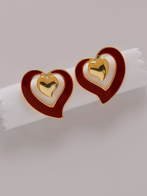 14K gold wine red Brass Rhinestone Enamel Heart Minimalist Stud Earring