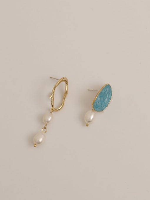 14K true golden lake blue Brass Enamel Asymmetry Geometric Vintage Drop Trend Korean Fashion Earring