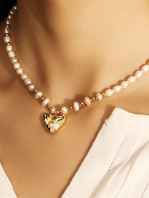 ACCA Brass Imitation Pearl Heart Vintage Necklace 1