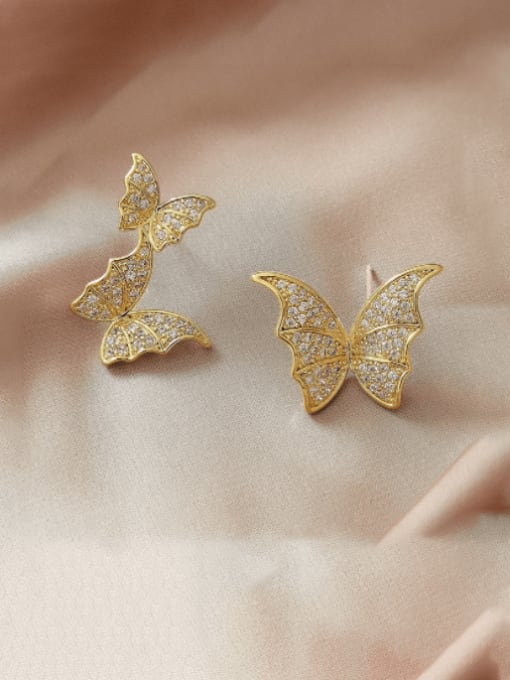 14k Gold Brass Cubic Zirconia Asymmetry  Butterfly Luxury Stud Earring