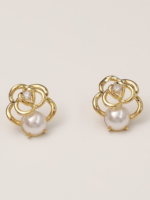 14k Gold Brass Imitation Pearl Flower Vintage Stud Trend Korean Fashion Earring