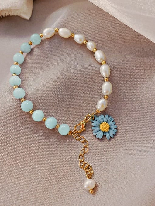 blue Alloy Imitation Pearl Flower Ethnic Adjustable Bracelet