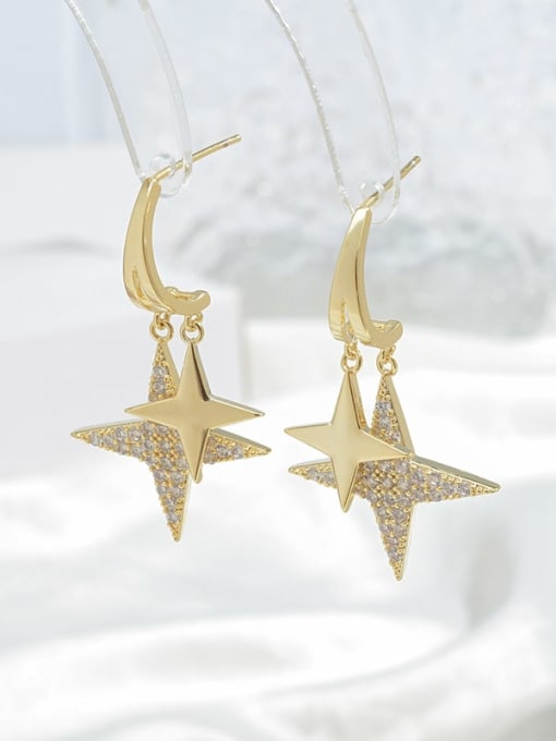 Gold E1174 Brass Cubic Zirconia Star Dainty Drop Earring