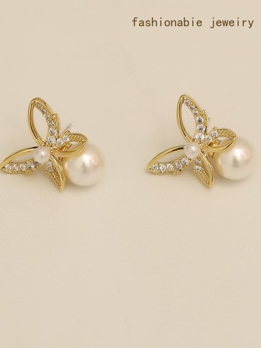 HYACINTH Copper Imitation Pearl Butterfly Minimalist Stud Trend Korean Fashion Earring 0
