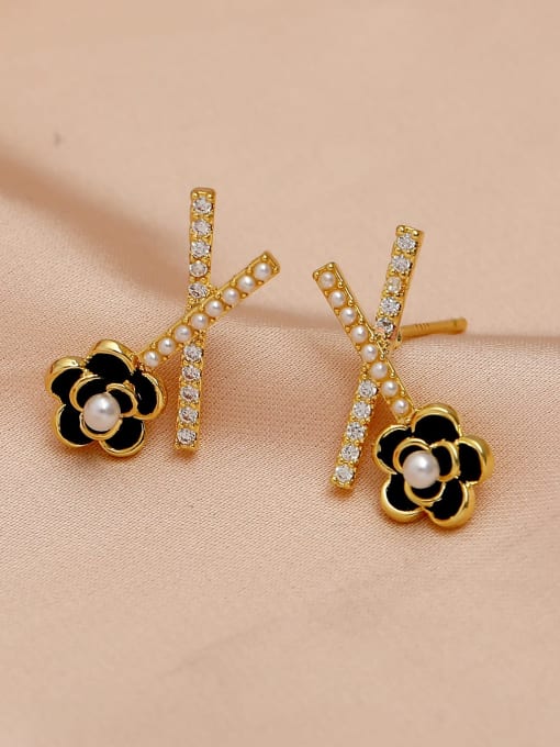 14k Gold Brass Cubic Zirconia Enamel Cross Minimalist Stud Earring