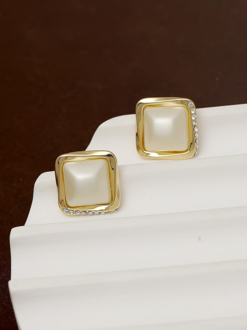 HYACINTH Brass Imitation Pearl Square Minimalist Stud Earring