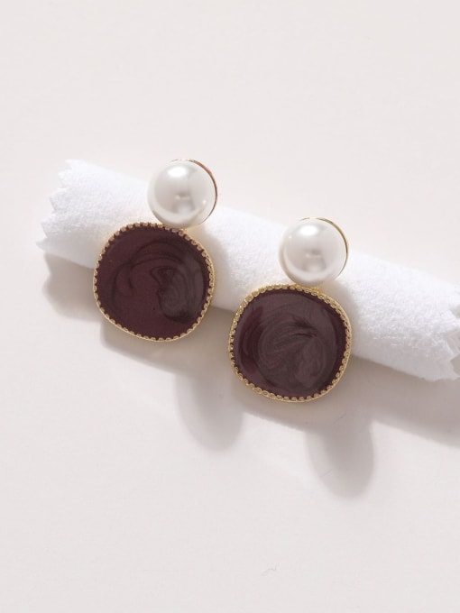 14 gold+ coffee Brass Imitation Pearl Enamel Square Vintage Stud Earring