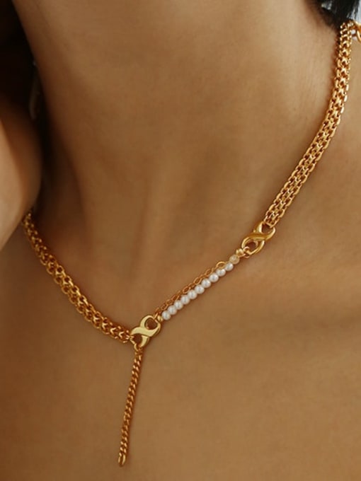 ACCA Brass Imitation Pearl Geometric Minimalist Multi Strand Necklace 1
