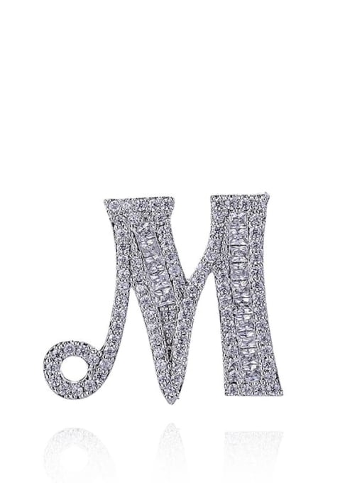 Platinum White M Brass Cubic Zirconia Letter Minimalist Stud Earring