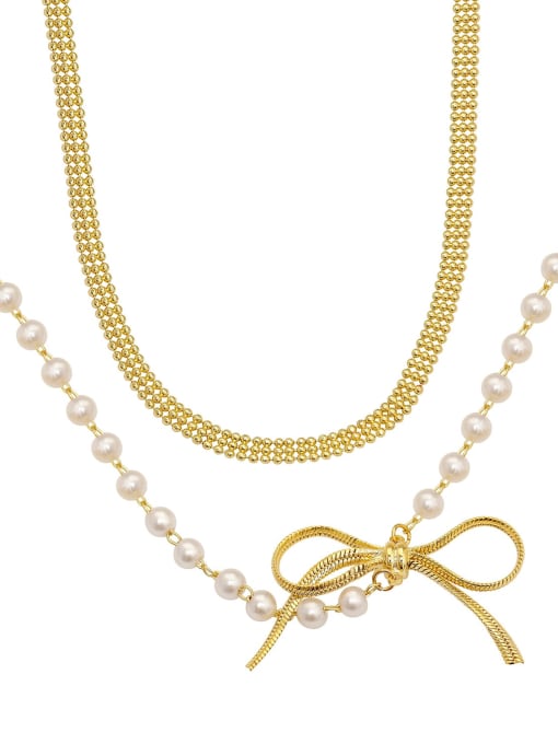 HYACINTH Brass Imitation Pearl Bowknot Trend Multi Strand Bead Chain Necklace 2