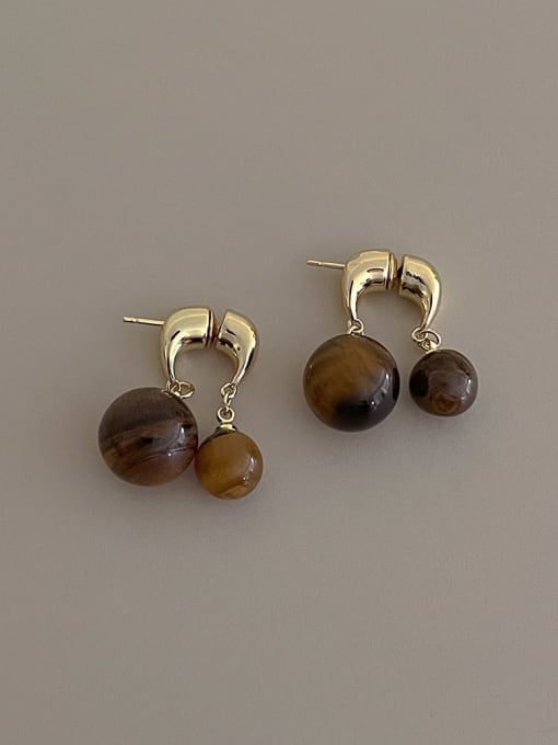 Golden Tiger Eye Stone Earrings Brass Imitation Pearl Geometric Hip Hop Huggie Earring