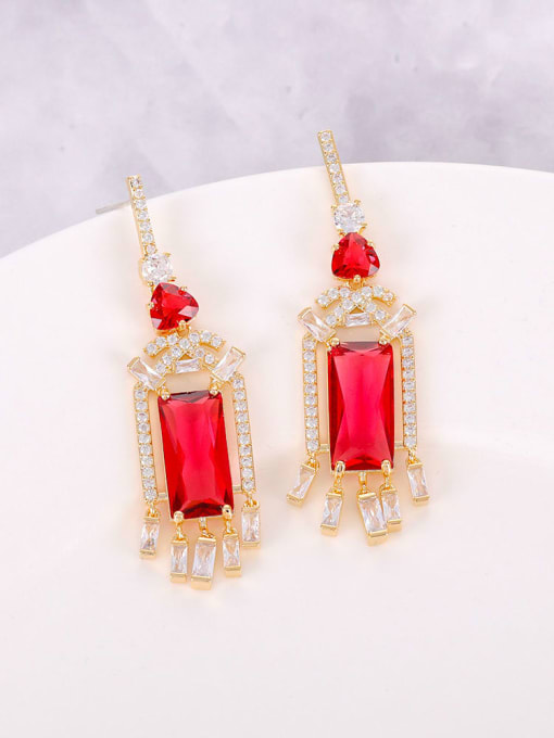 red Brass Cubic Zirconia Geometric Tassel  Luxury Cluster Earring