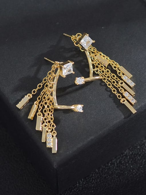 Gold E827 Brass Cubic Zirconia Tassel Statement Stud Earring