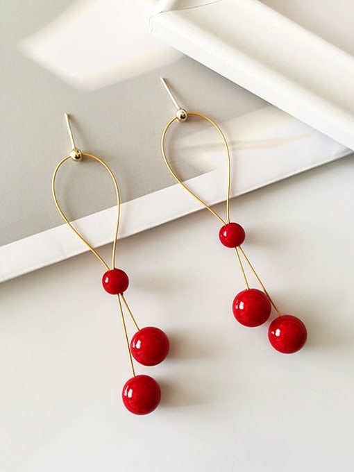 Dumb golden red pearl Copper Enamel Geometric Minimalist Drop Trend Korean Fashion Earring