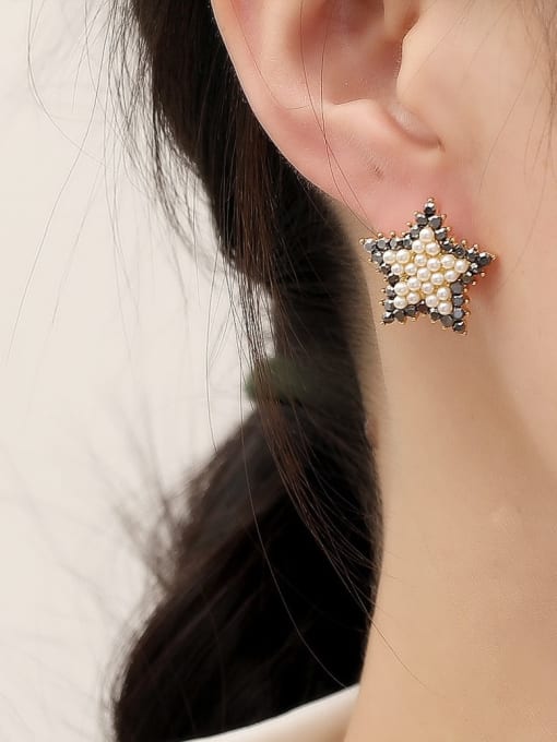 HYACINTH Brass Imitation Pearl Star Vintage Stud Earring 1