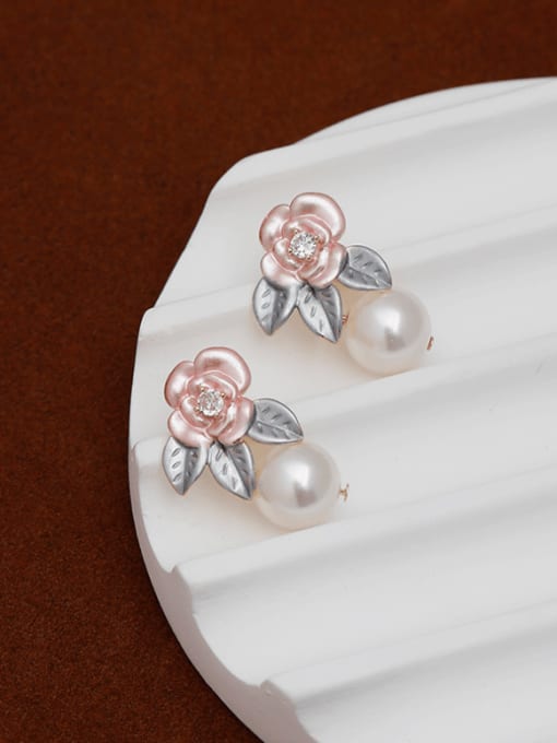 14k Gold White +Grey Blue Brass Imitation Pearl Flower Cute Stud Earring