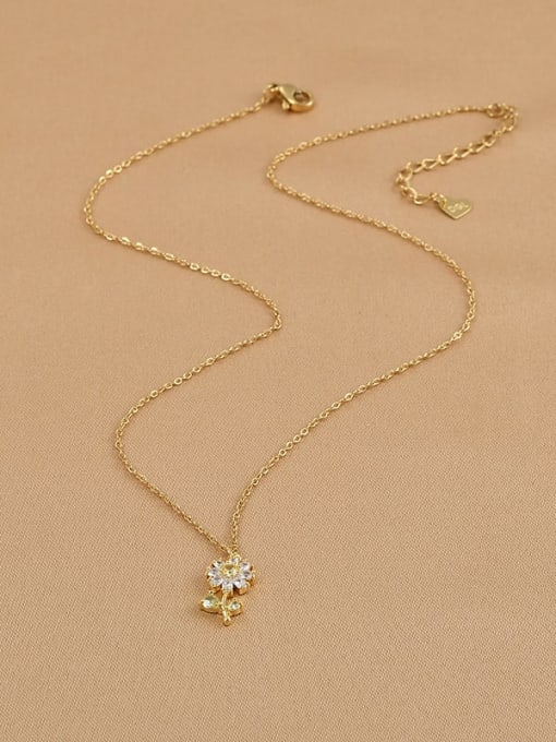 Gold XL61996 Brass Cubic Zirconia Flower Dainty Necklace