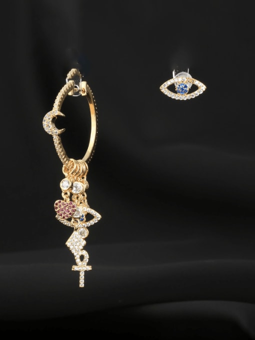 OUOU Brass Cubic Zirconia Asymmetrical    Heart Tassel Luxury Cluster Earring