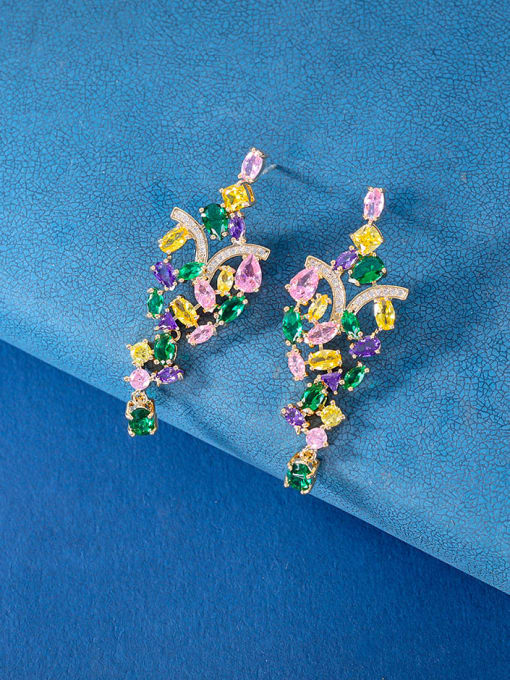 OUOU Brass Cubic Zirconia Multi Color Irregular Luxury Cluster Earring 0