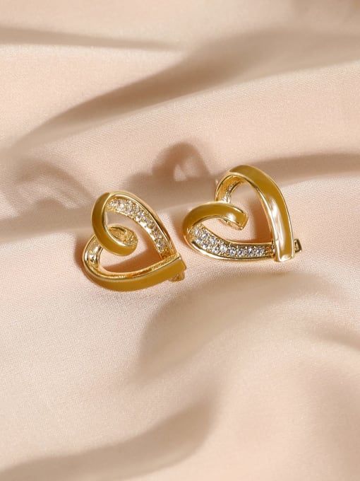 14k Gold Coffee Brass Enamel Heart Minimalist Stud Earring