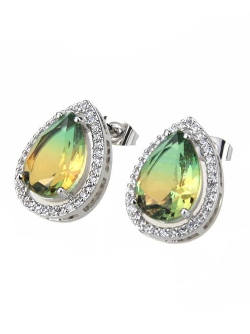 Green yellow gradient Brass Water Drop Cubic Zirconia  Luxury Stud Earring