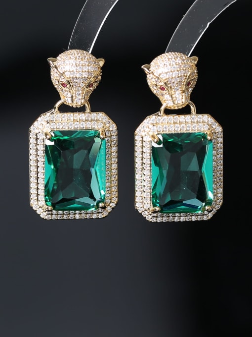 green Brass Cubic Zirconia Geometric  Luxury Leopard Head Cluster Earring