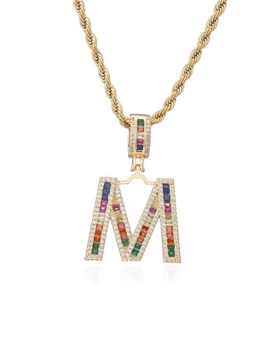 M Brass Cubic Zirconia  Vintage Letter Pendant Necklace