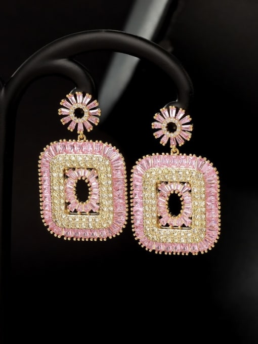 Gold E1144 Brass Cubic Zirconia Pink Geometric Luxury Drop Earring