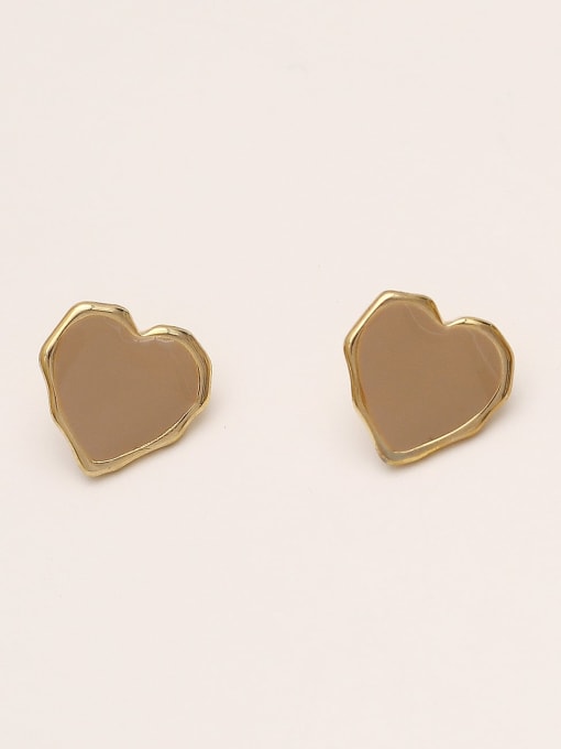 14K golden milk Brown Brass Enamel Heart Minimalist Stud Trend Korean Fashion Earring
