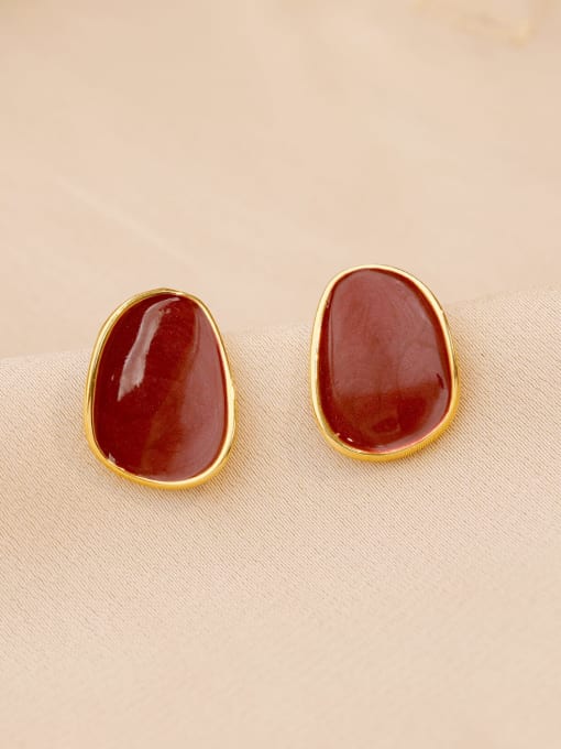 18K Golden Pearl Light Wine Red Brass Enamel Geometric Minimalist Stud Earring