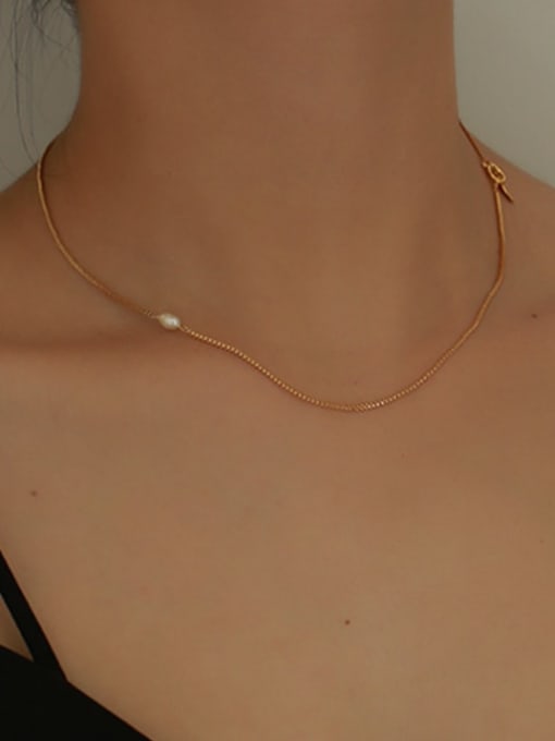 Five Color Brass Imitation Pearl Vintage   Geometric Chain  Necklace 1