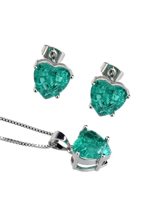 Platinum plated green explosive stone Brass Heart  Cubic Zirconia Earring and Necklace Set