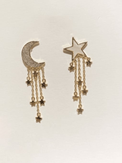 Moon Star Earrings Brass Shell Moon Star  Tassel Vintage Drop Earring