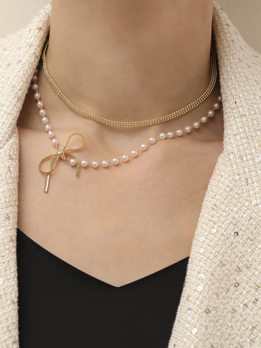 HYACINTH Brass Imitation Pearl Bowknot Trend Multi Strand Bead Chain Necklace 1