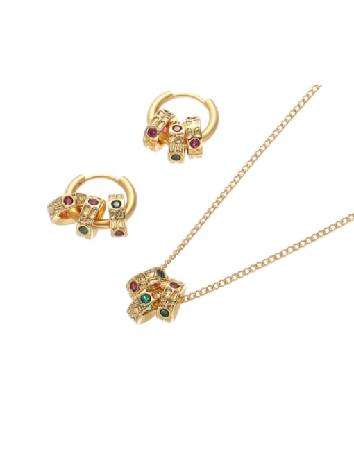 Five Color Brass Cubic Zirconia Hip Hop Geometric Earring and Necklace Set 0