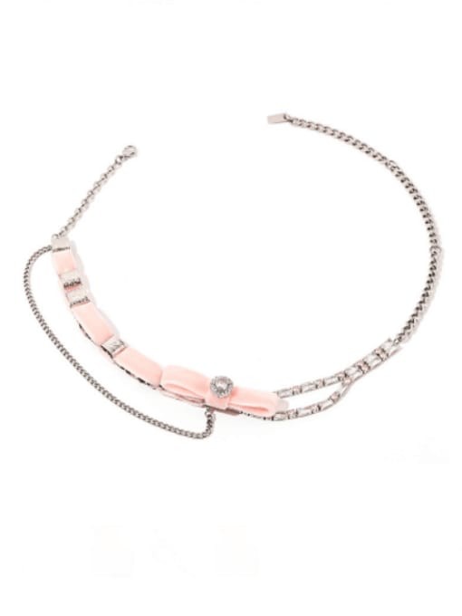 Pink flannelette necklace Titanium Steel Fabric Bowknot Hip Hop Necklace