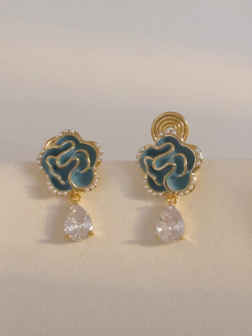 Light gold and light blue ear clip Brass Enamel Water Drop Minimalist Drop Earring