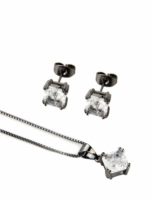 Black plated white zircon Brass Square Cubic Zirconia Earring and Necklace Set