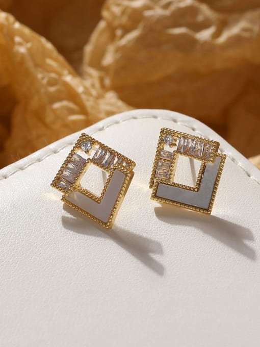 16K golden white shell Brass Cubic Zirconia Shell Square Minimalist Stud Earring