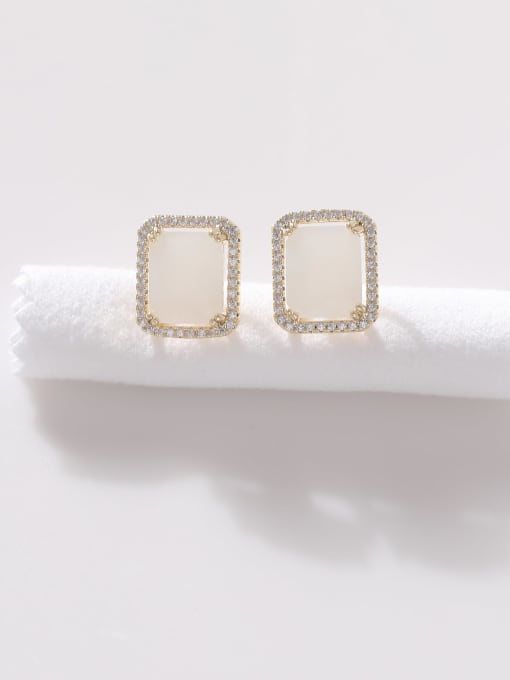 14k Gold +white Brass Jade Rectangle Minimalist Stud Earring