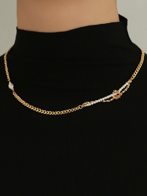 ACCA Brass Imitation Pearl  Minimalist Hollow Chain Necklace 1
