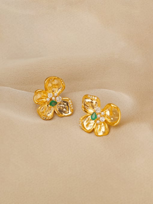 HYACINTH Brass Imitation Pearl Flower Minimalist Stud Earring 0
