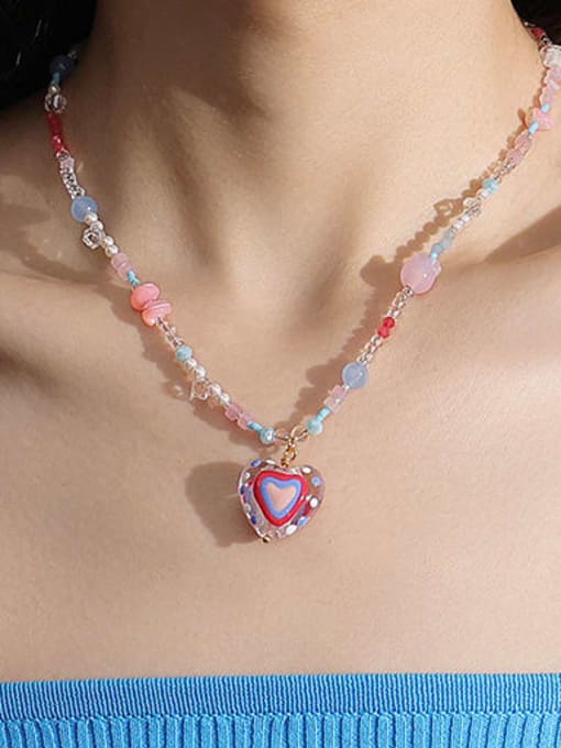 Five Color Brass Glass Stone Heart Bohemia Necklace 1