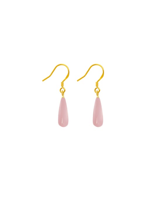 Pink Chalcedony Droplets Brass Jade Water Drop Minimalist Hook Earring