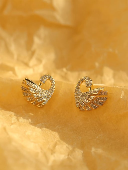 14k Gold Brass Cubic Zirconia Swan Classic Stud Trend Korean Fashion Earring