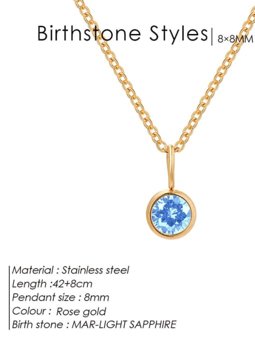 March Light Blue Rose Gold Stainless steel Cubic Zirconia Round Minimalist Necklace