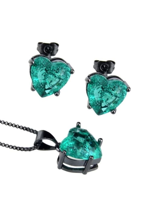 Plating black green explosive stone Brass  Cubic Zirconia Heart  Earring and Necklace Set