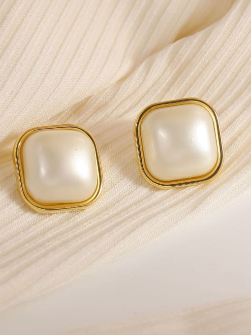 HYACINTH Brass Imitation Pearl Square Minimalist Stud Earring 2